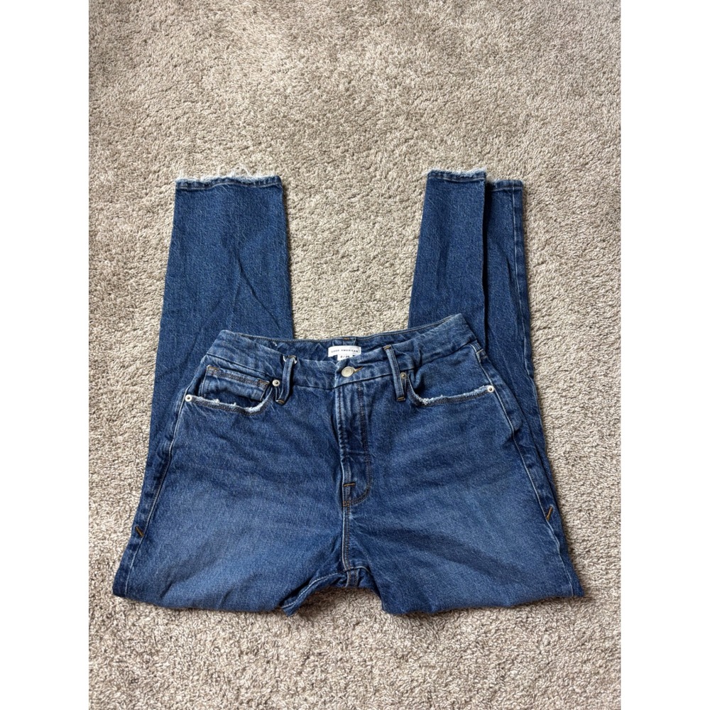 Good American High Rise Straight Leg Raw Hem Jeans Blue Size 2 26 GCPB235T